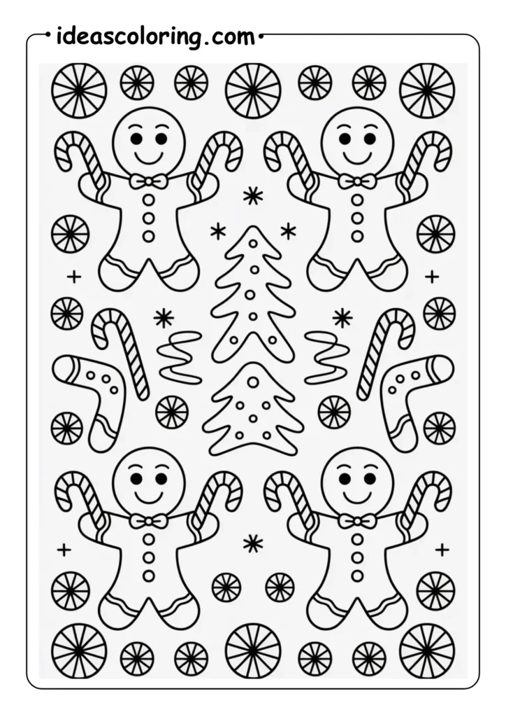 Gingerbread Man Coloring Pages with candy canes in their hands MANDALAS