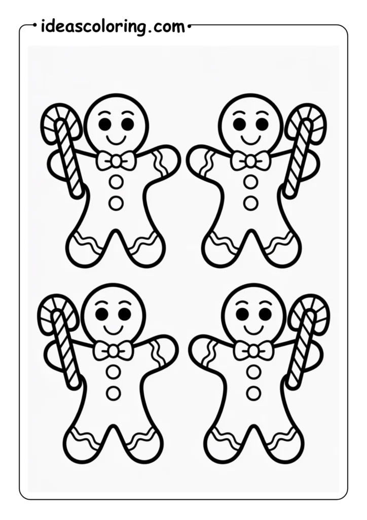 three Gingerbread Man Coloring Pages with candy canes in their hands